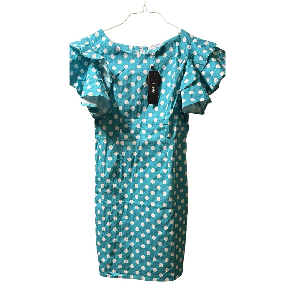 NEW Sisjuly Dress Green/Blue &‎ White Polka Dot, Short Ruffle Sleeves [XL]